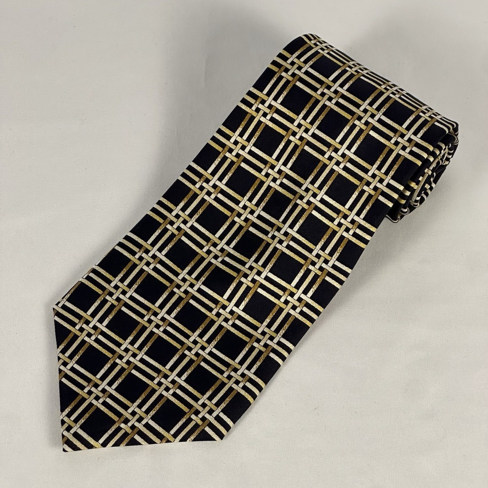 Paul Fredrick Silk Tie Vintage Black Gold Striped Geometric USA Made 4" W 54" L